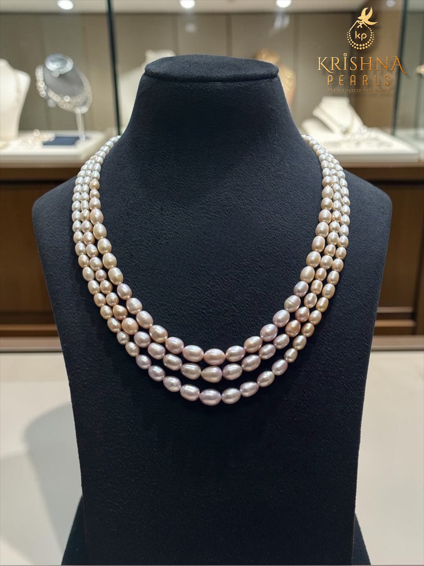 Natural Pink Peach & White Three Layer Graduation Pearls Necklace