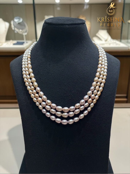 Natural Pink Peach & White Three Layer Graduation Pearls Necklace