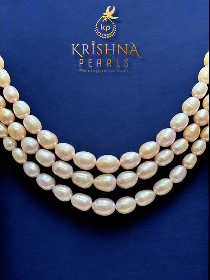Natural Pink Peach & White Three Layer Graduation Pearls Necklace