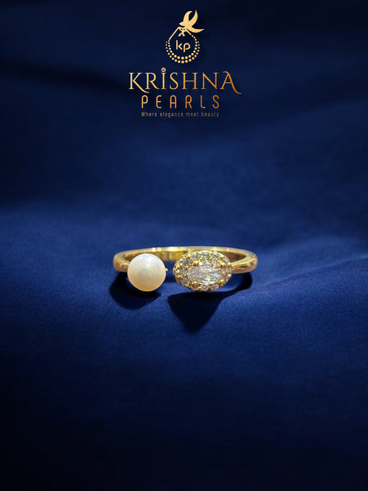 Pretty Diamond Studded Pearls Finger Ring