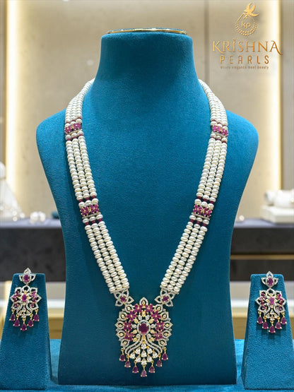 Three Rows Ruby Pearl Locket Necklace Set