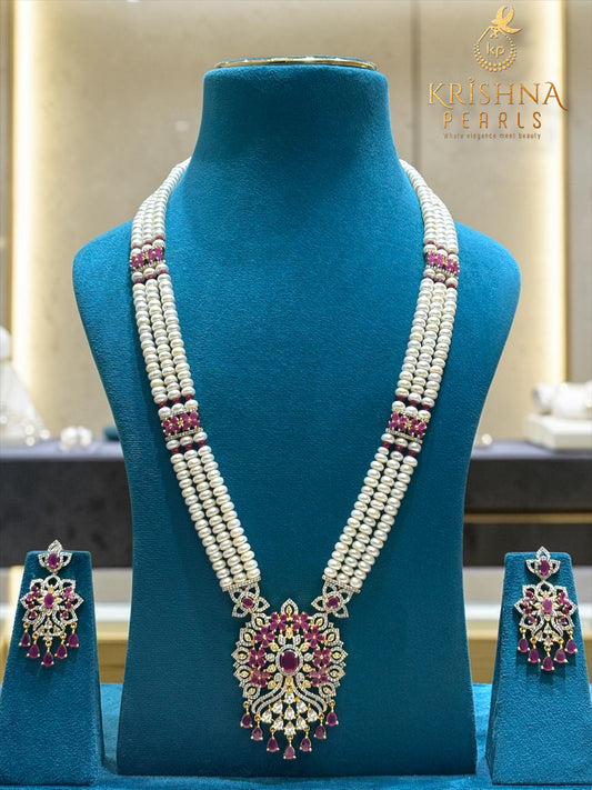 Three Rows Ruby Pearl Locket Necklace Set
