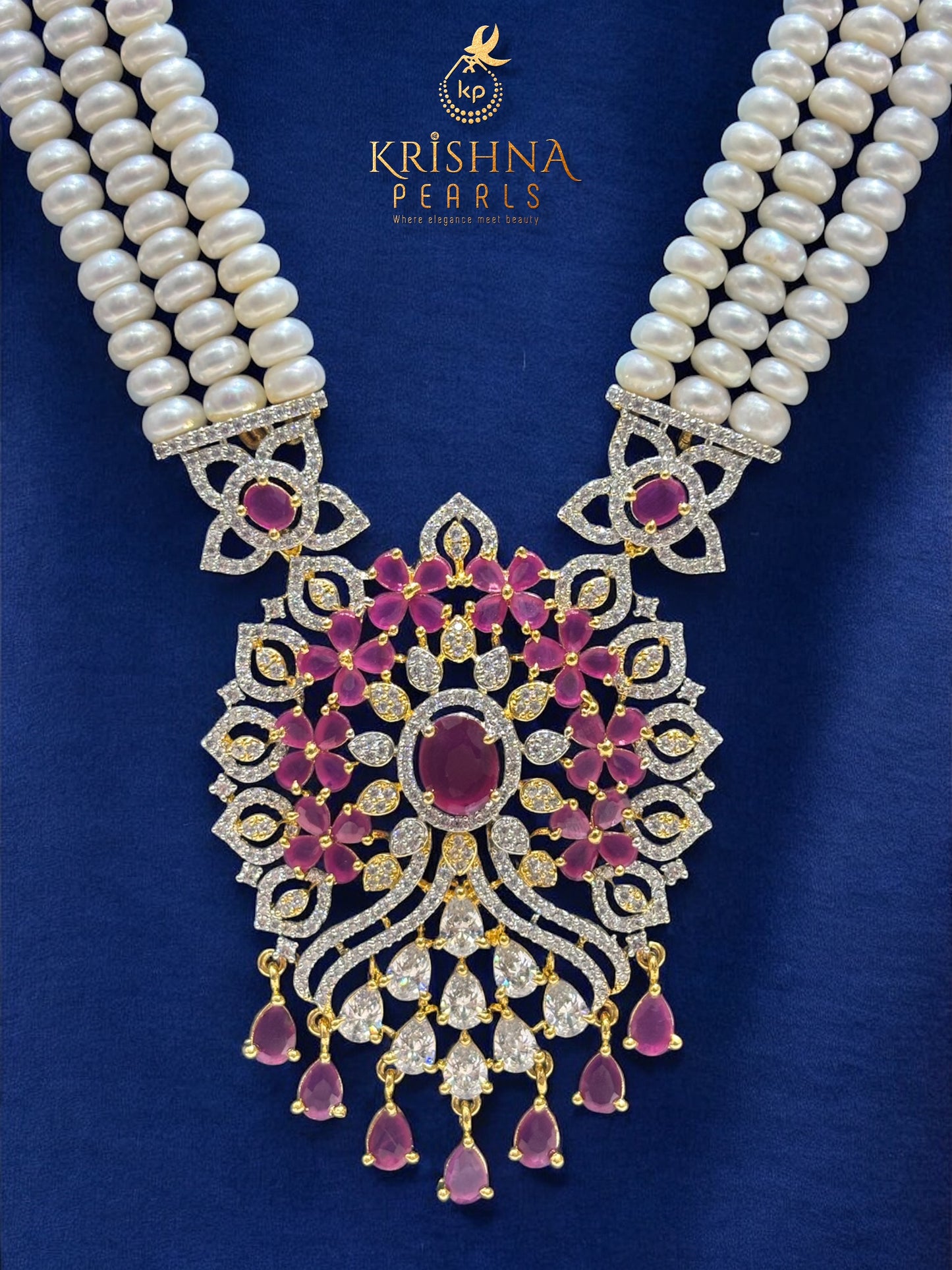 Three Rows Ruby Pearl Locket Necklace Set