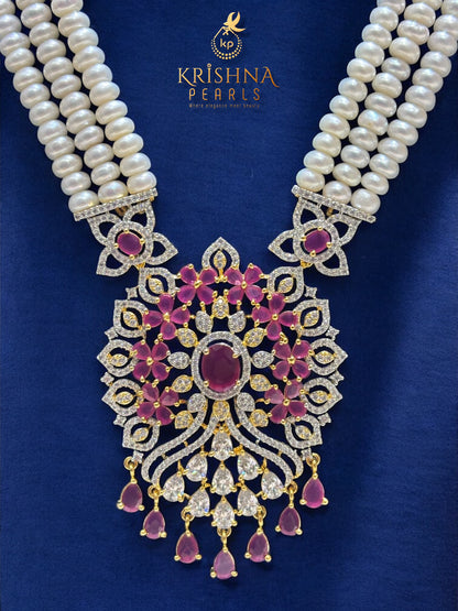 Three Rows Ruby Pearl Locket Necklace Set