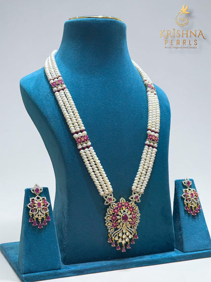 Three Rows Ruby Pearl Locket Necklace Set