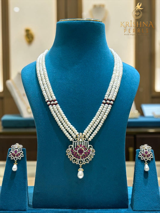 3 Strings Ruby And Pearl Studded Necklace Set