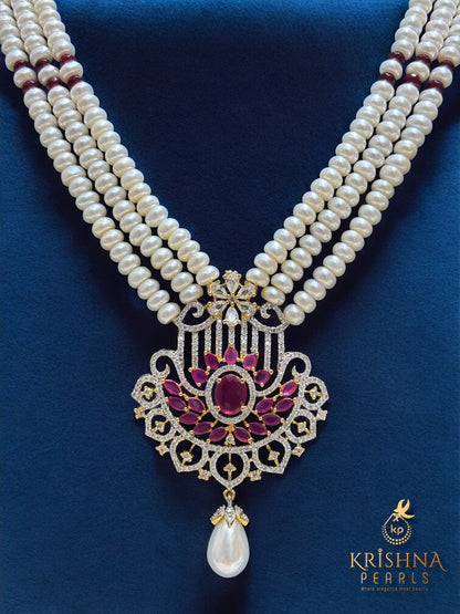 3 Strands Ruby And Pearl Necklace Set