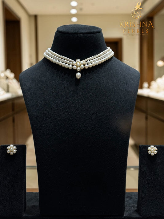 Exclusive Three Layers Pearls Studded Pearls Choker Set