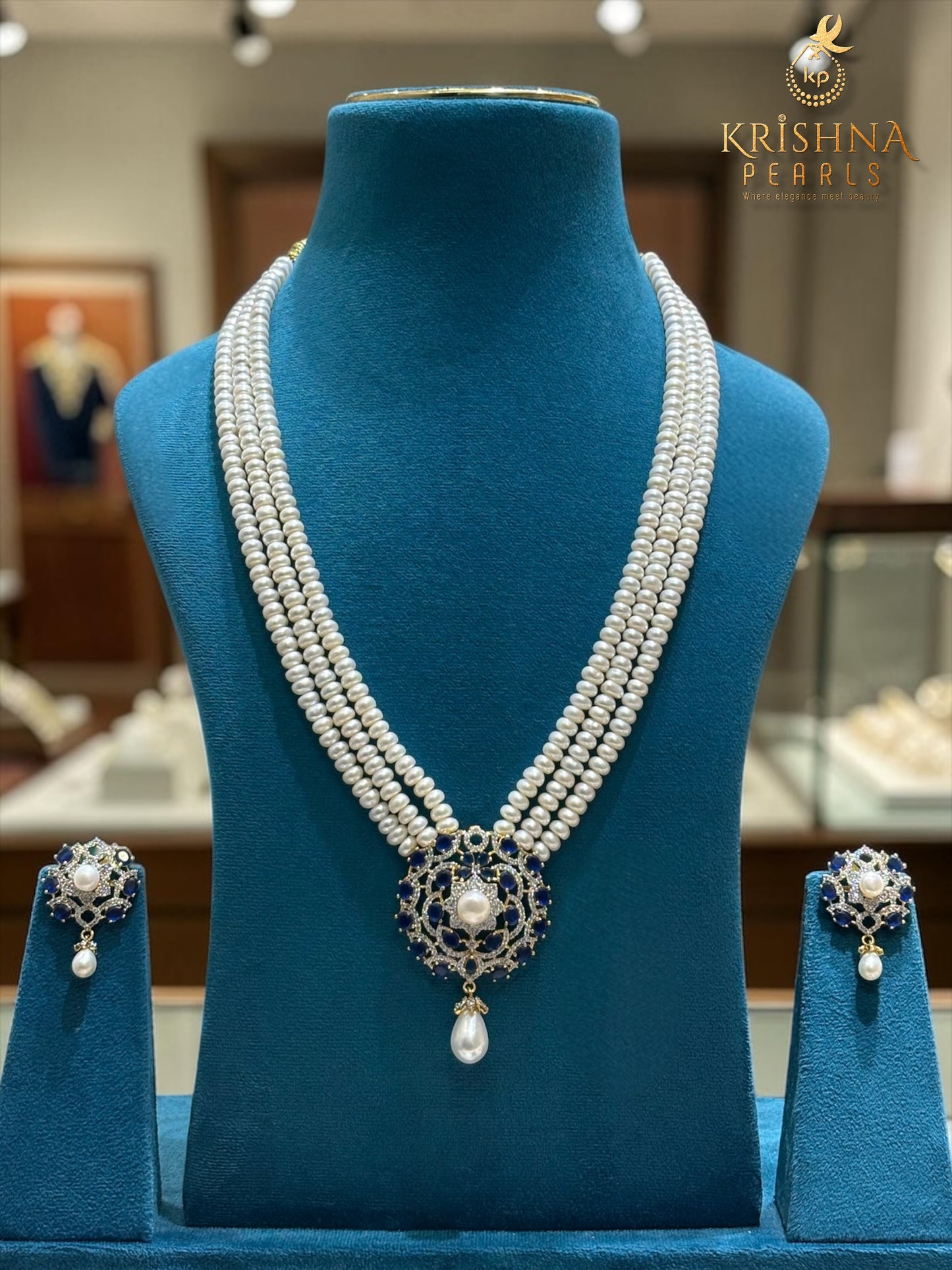 Adorable Sapphire Empress Three Strand Pearls Rani Haar Set