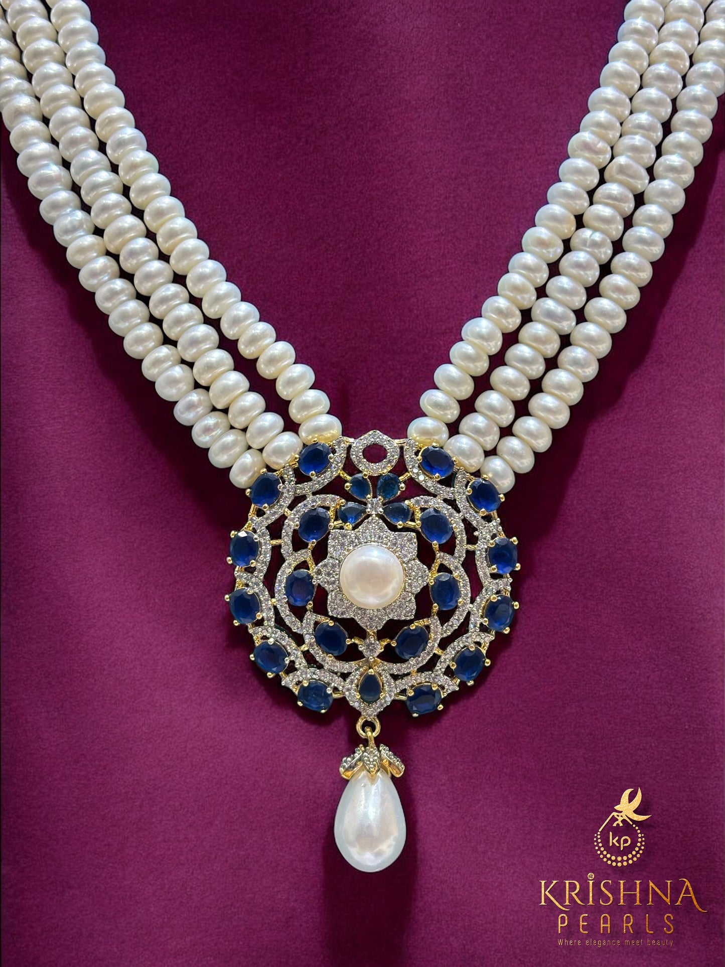 Adorable Sapphire Empress Three Strand Pearls Rani Haar Set