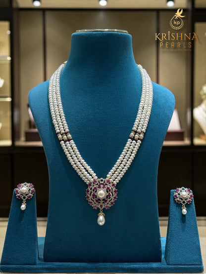 Royal Ruby & Pearl Studded Three Rows Set