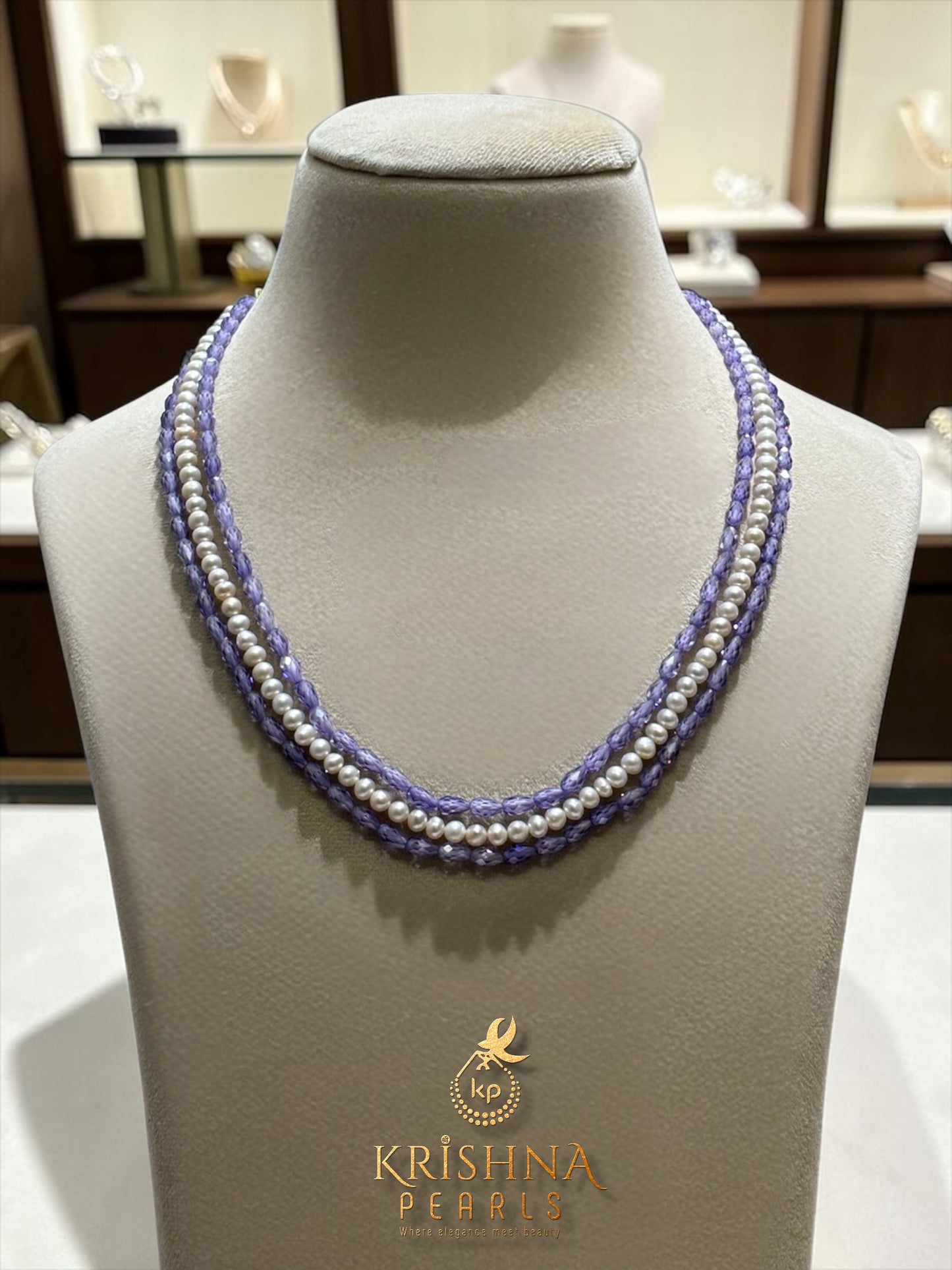 The Violet Harmony Three-Strand CZ & Pearls Necklace Set