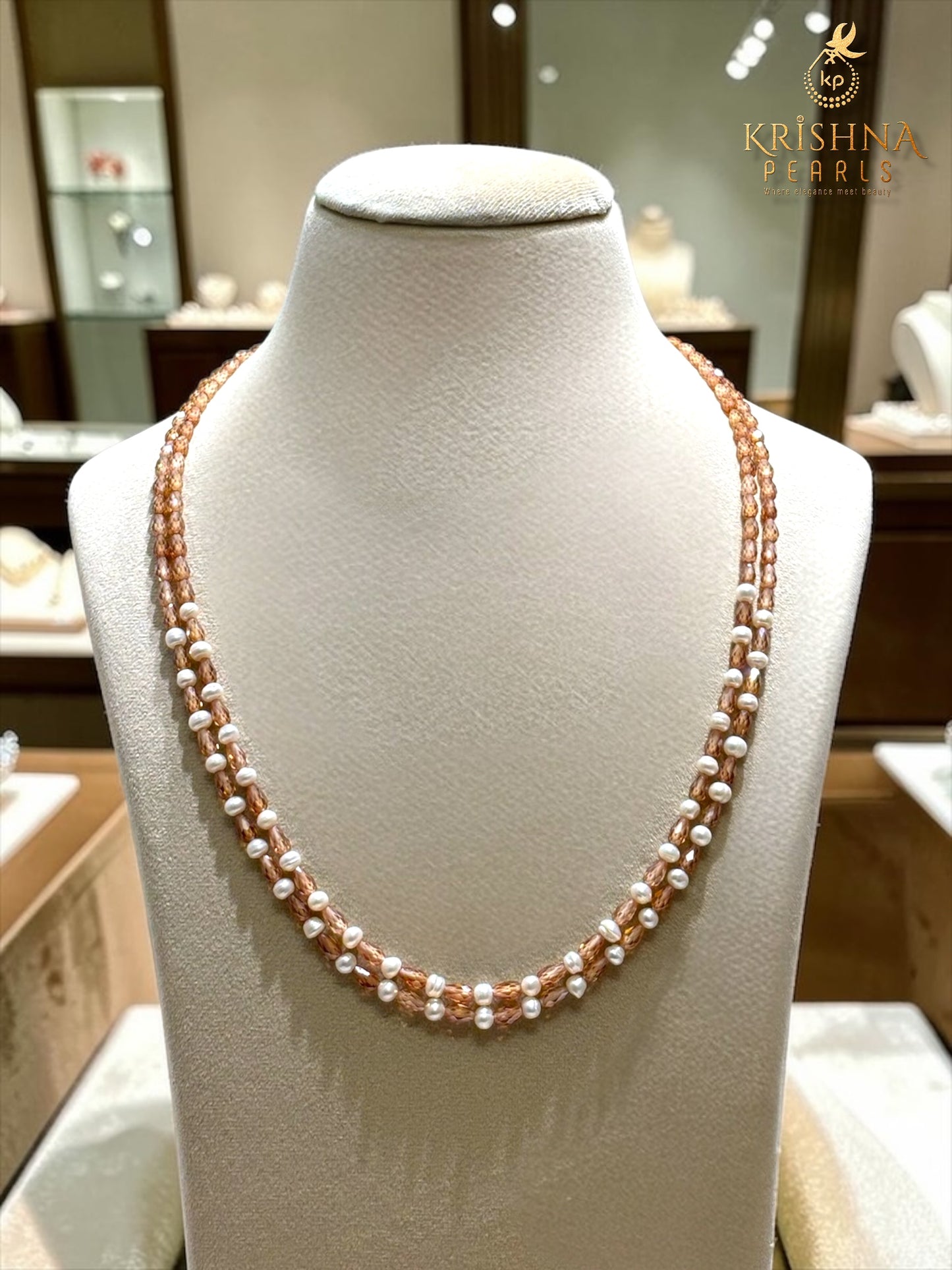 Peach Harmony Double-Strand CZ & Pearls Necklace Set