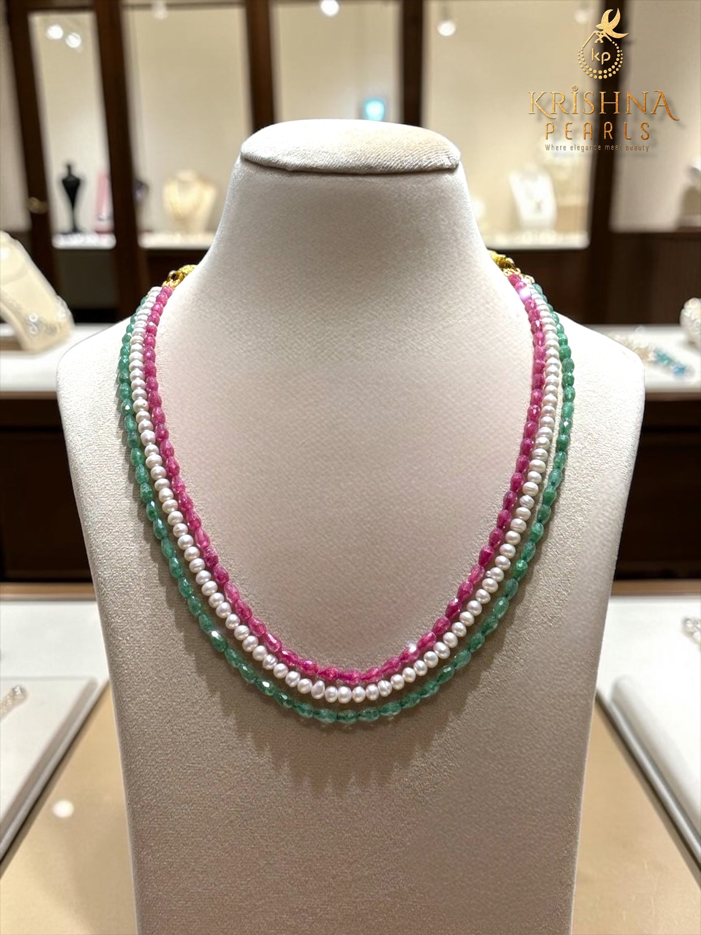Royal Ruby,Emerald CZ & Pearls Necklace Set