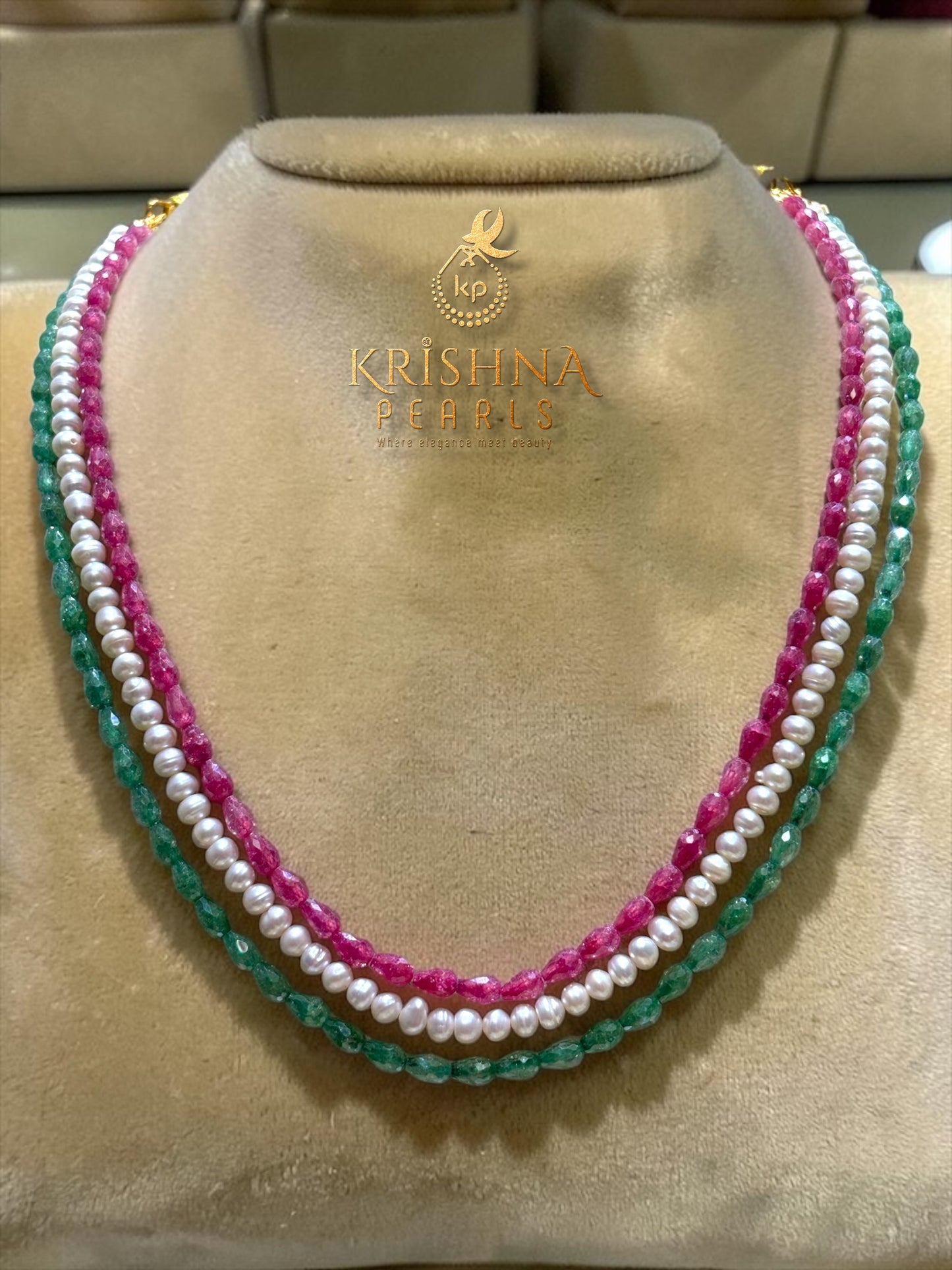 Royal Ruby,Emerald CZ & Pearls Necklace Set