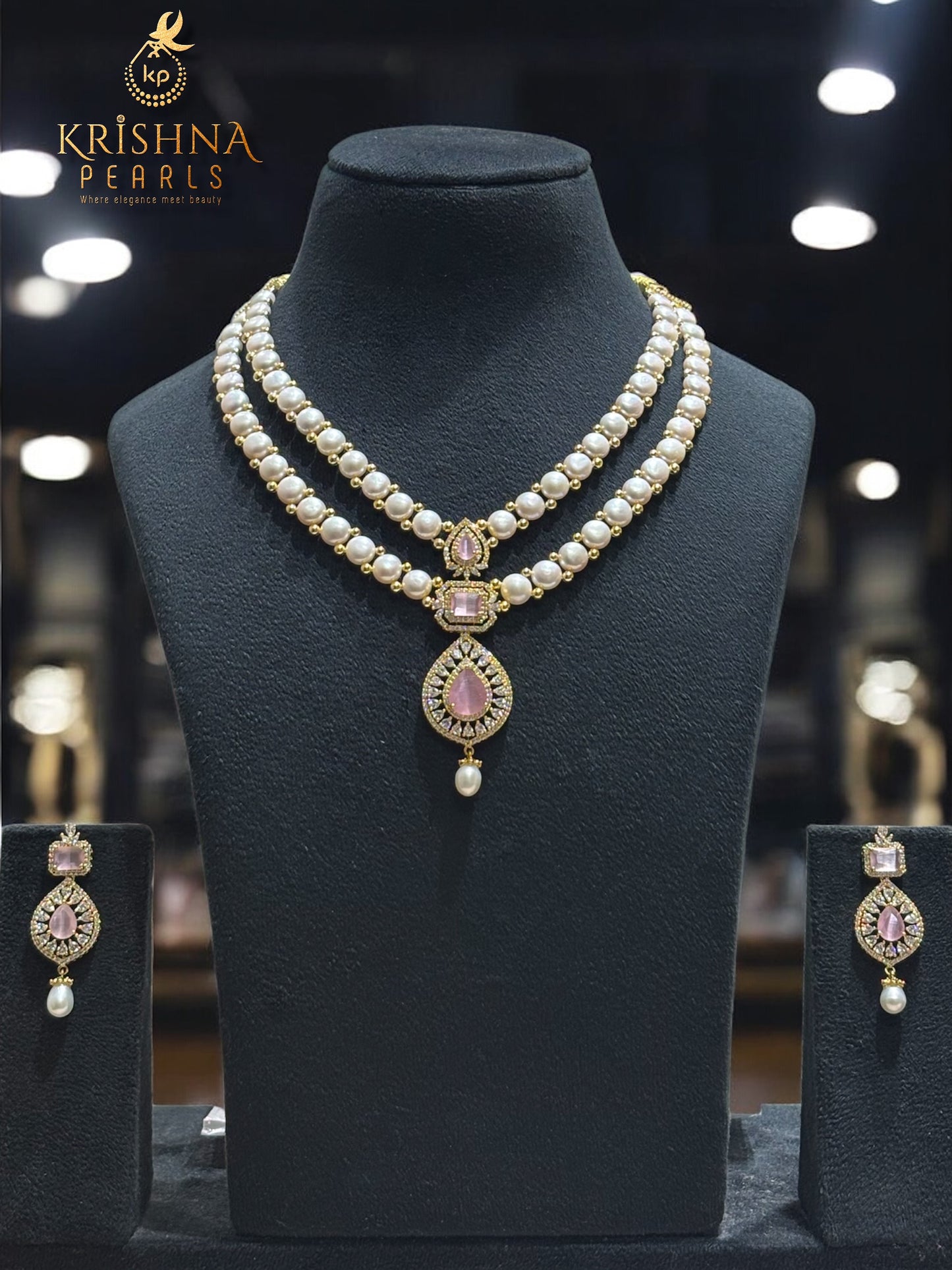 Radiant Rose Quartz Studded Double Layer Button Pearls Necklace Set