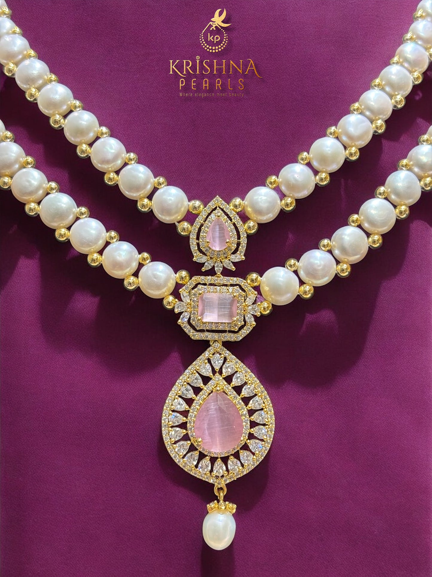 Radiant Rose Quartz Studded Double Layer Button Pearls Necklace Set