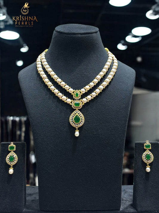 Emerald Blossom Button Pearls Necklace Set