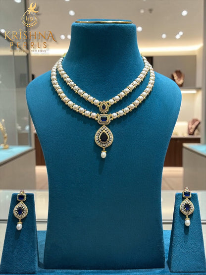 Blue Sapphire Studded Double Layer Button Pearls Necklace Set