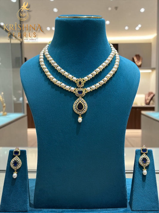 Blue Sapphire Studded Double Layer Button Pearls Necklace Set