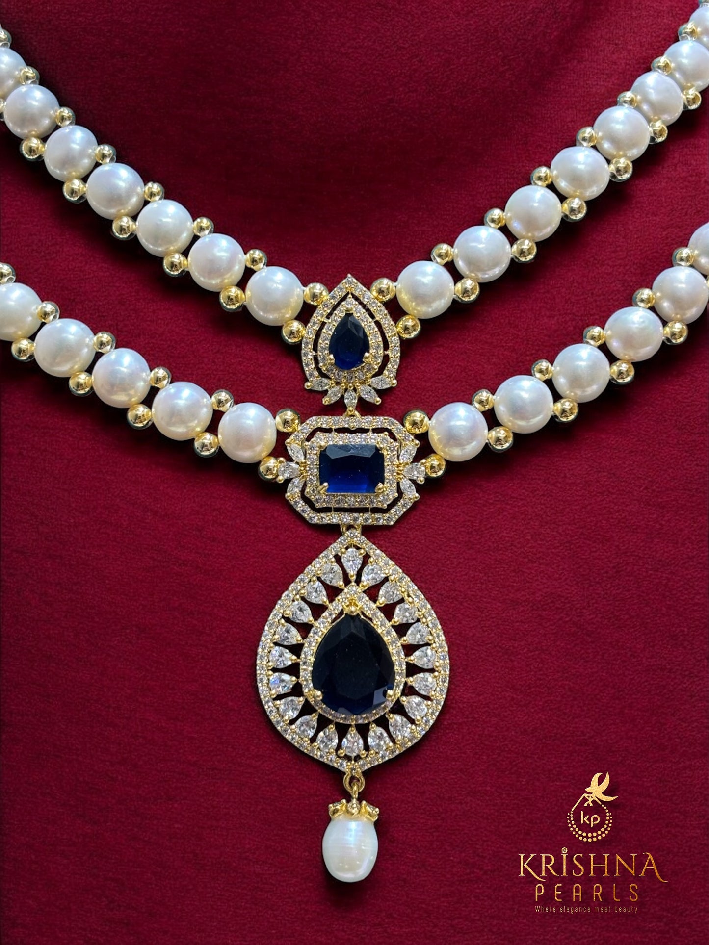 Blue Sapphire Studded Double Layer Button Pearls Necklace Set