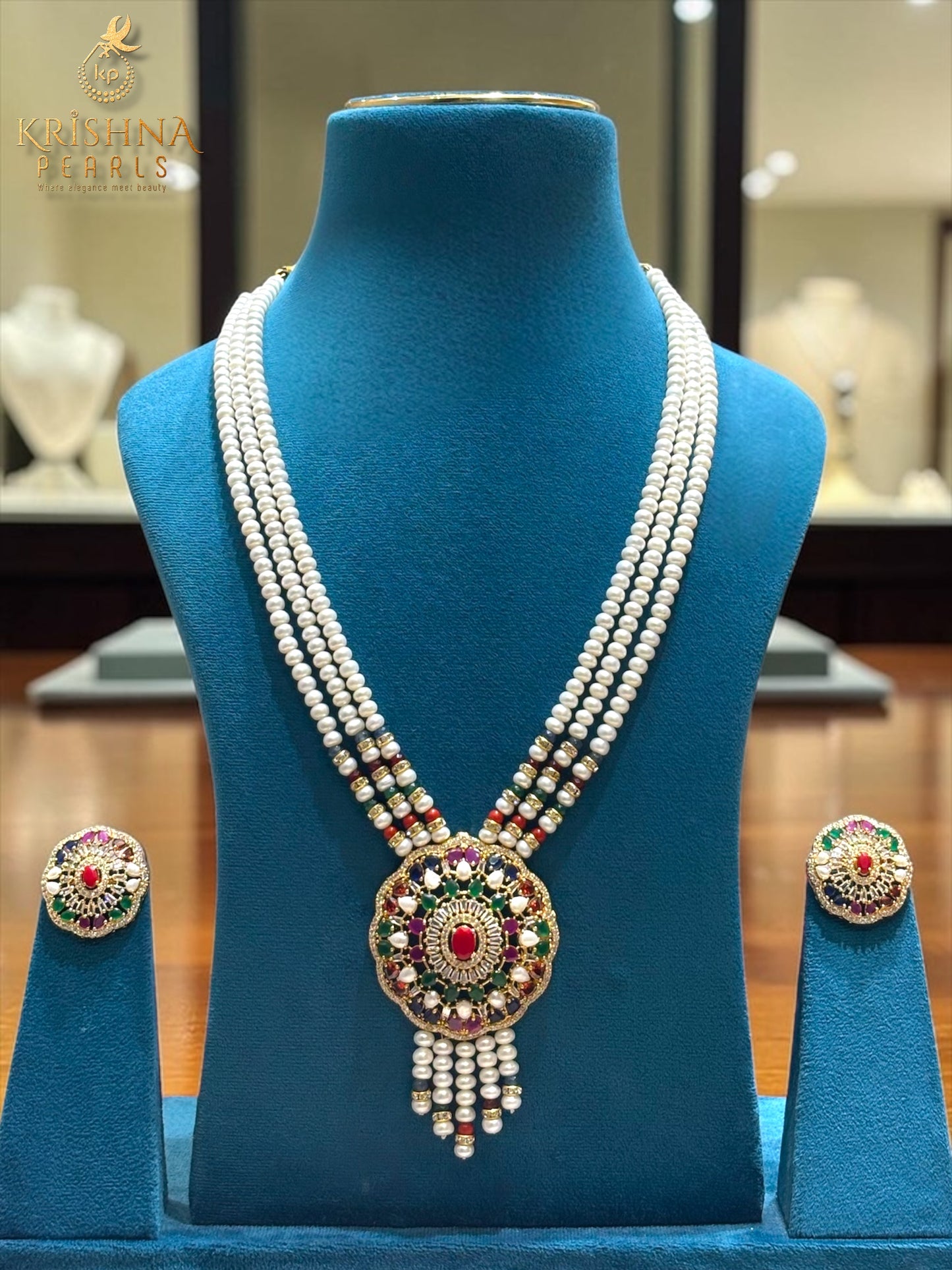 Sri Krishna Pearls Imperial Navratna & 3 Strands Pearls Necklace Set