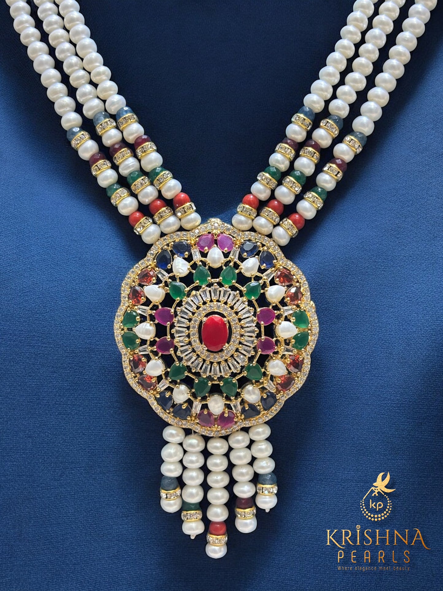 Sri Krishna Pearls Imperial Navratna & 3 Strands Pearls Necklace Set