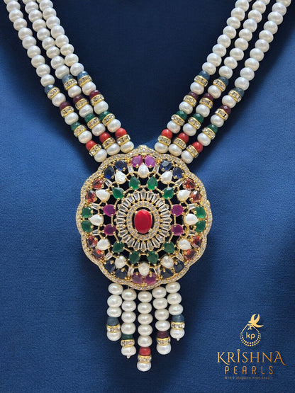 Sri Krishna Pearls Imperial Navratna & 3 Strands Pearls Necklace Set
