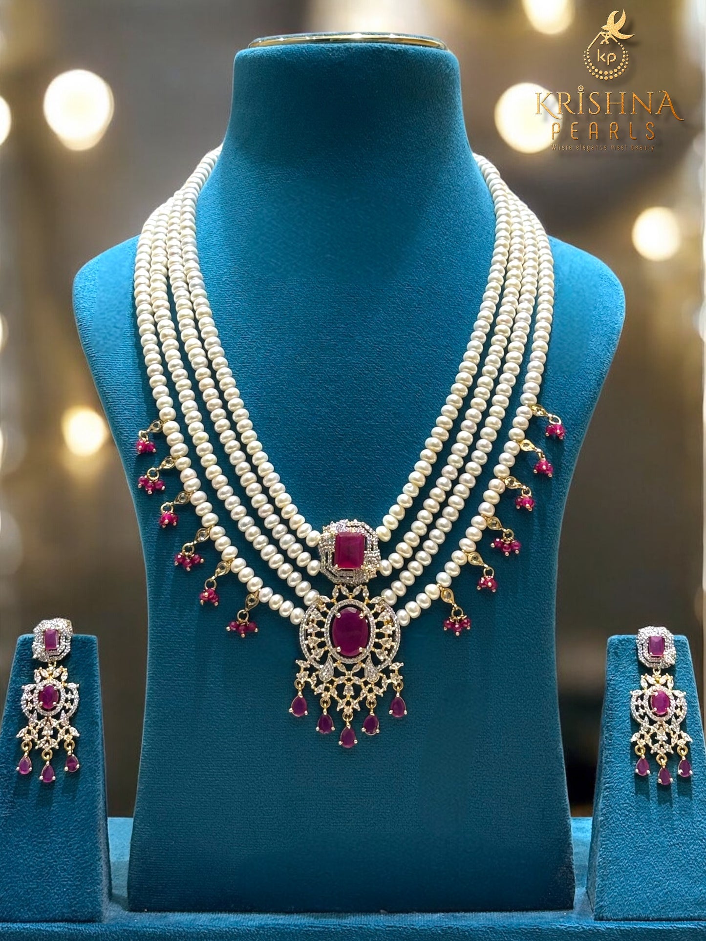 Ruby Aura Four Layers Long Rani Haar Necklace Set