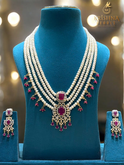 Ruby Aura Four Layers Long Rani Haar Necklace Set