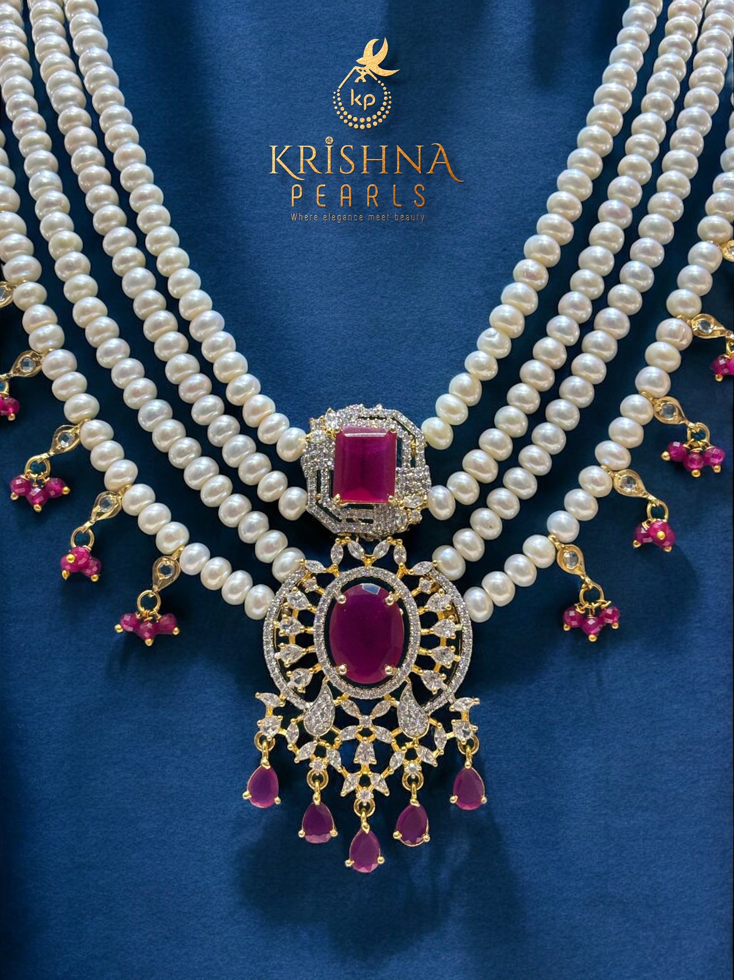 Ruby Aura Four Layers Long Rani Haar Necklace Set