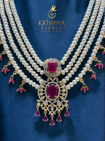 Ruby Aura Four Layers Long Rani Haar Necklace Set