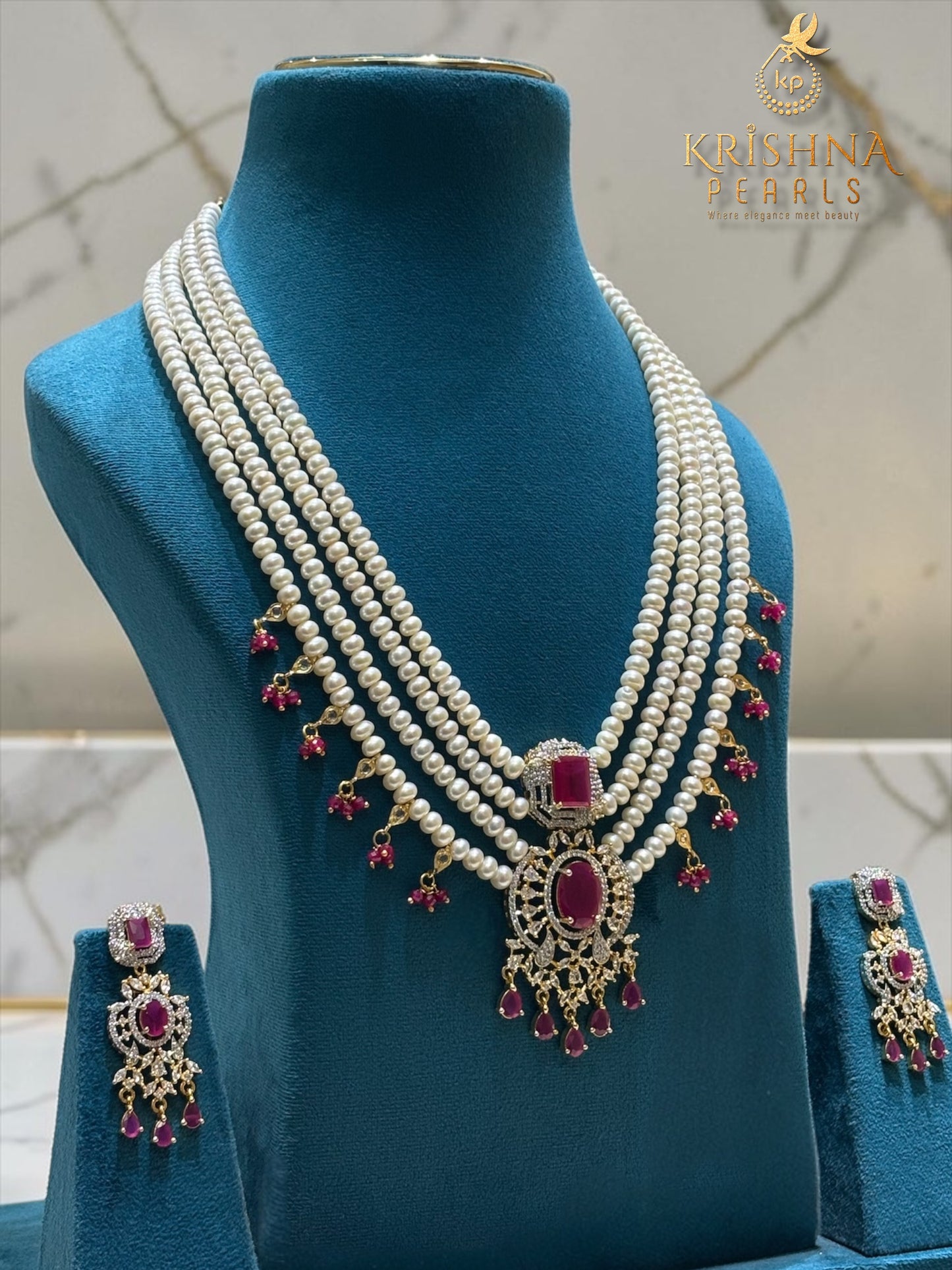 Ruby Aura Four Layers Long Rani Haar Necklace Set