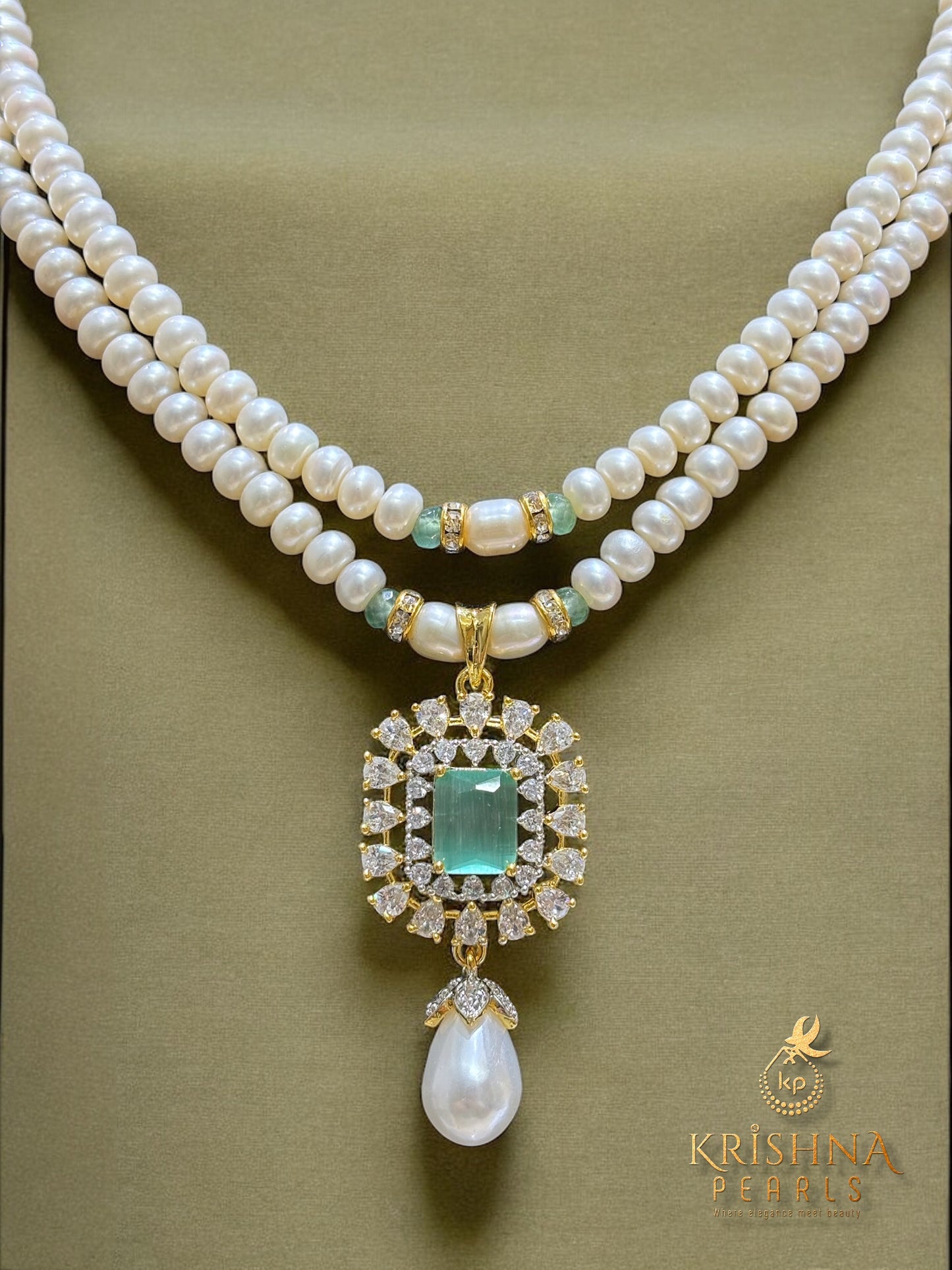 Adorable Blue Quartz Studded Pendent Pearls Necklace Set