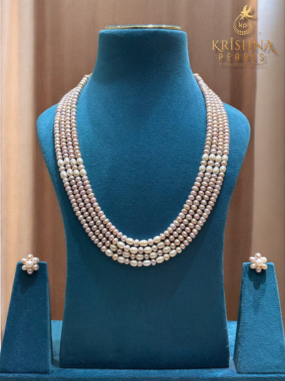 Authentic Pink & White Pearls Four Layers Necklace Set