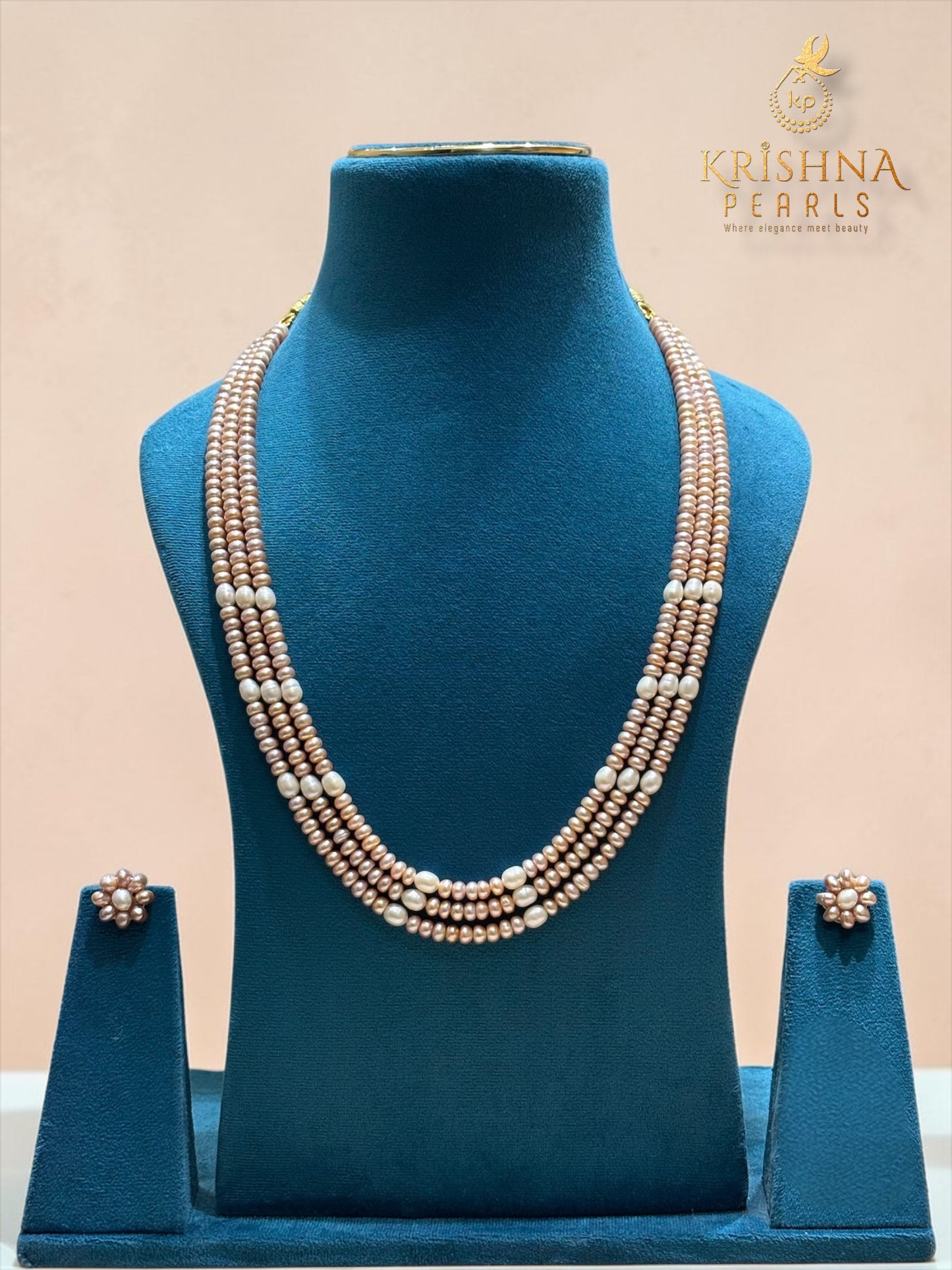 Classic Three Layers Pink & White Pearls Necklace Set
