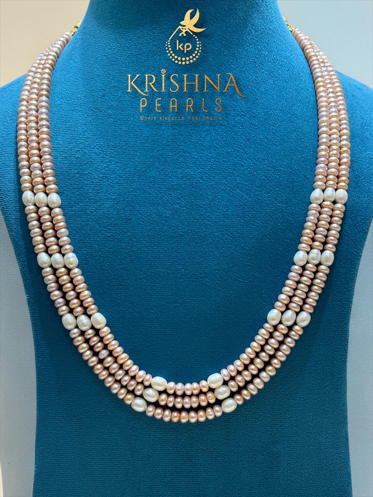 Classic Three Layers Pink & White Pearls Necklace Set