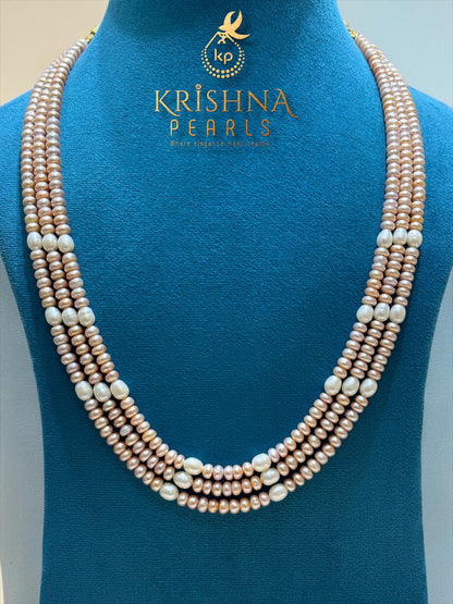 Classic Three Layers Pink & White Pearls Necklace Set