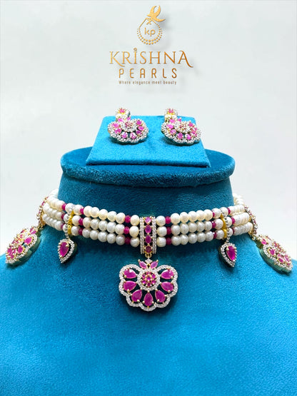 Royal Ruby & Pearls Three Row Choker Set