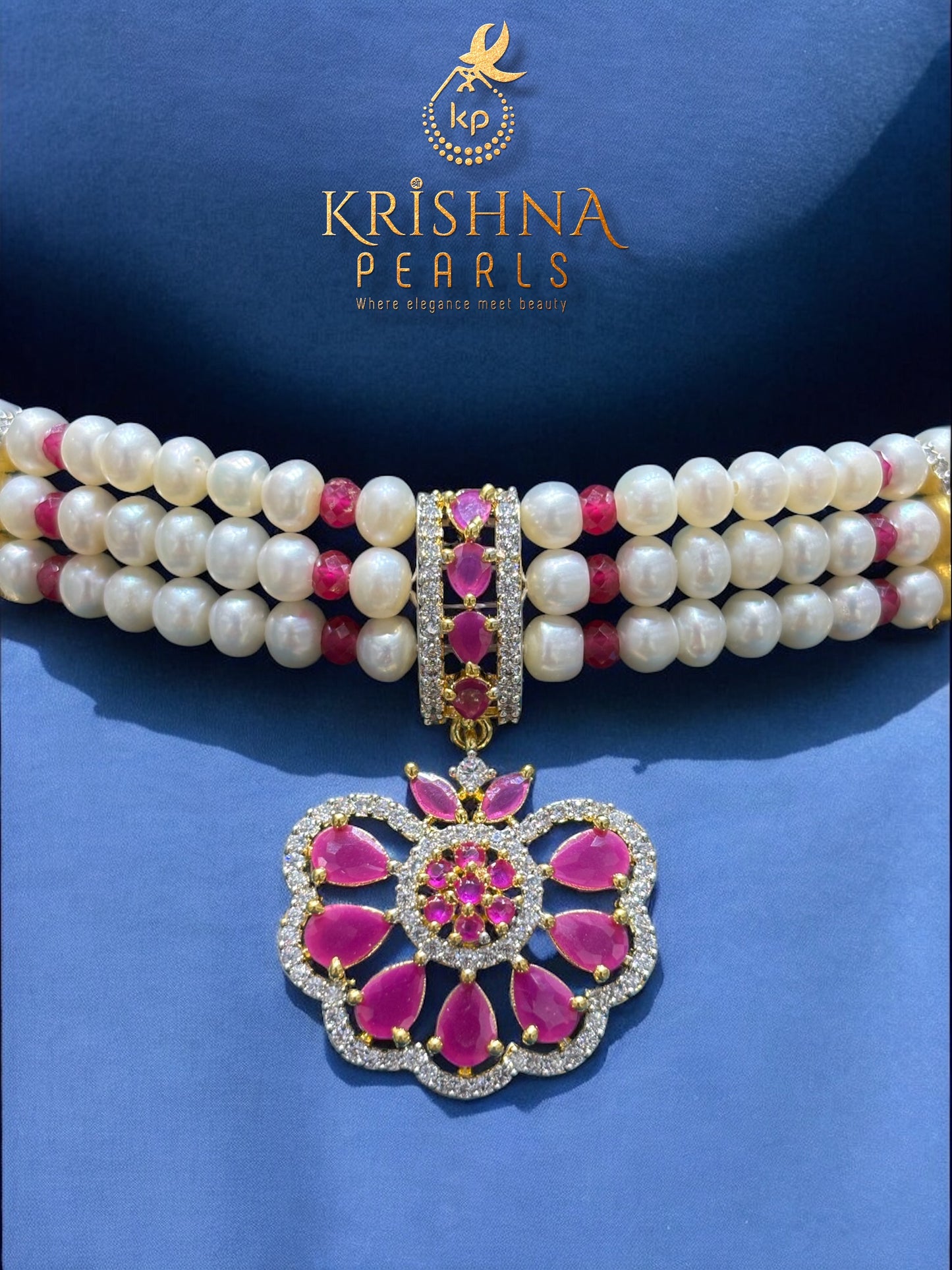 Royal Ruby & Pearls Three Row Choker Set