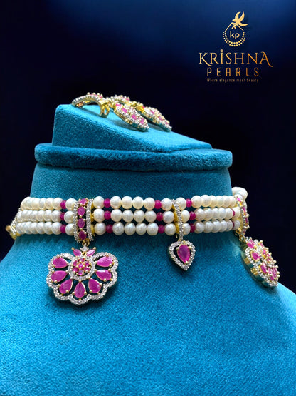 Royal Ruby & Pearls Three Row Choker Set