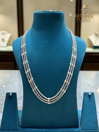 Original Grey & White Pearls Three Layers Necklace Set
