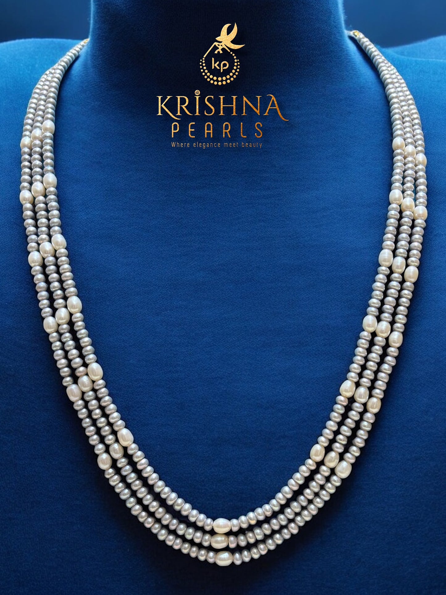 Original Grey & White Pearls Three Layers Necklace Set
