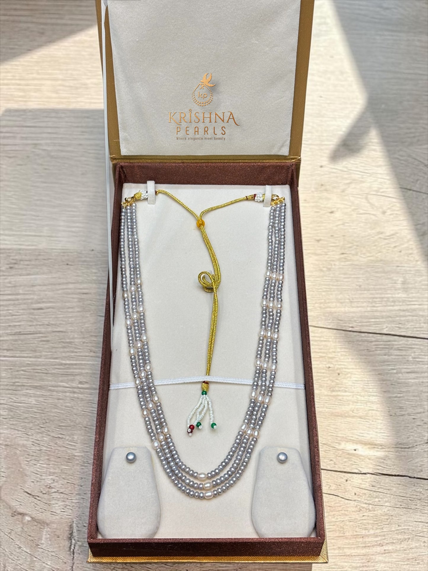 Original Grey & White Pearls Three Layers Necklace Set