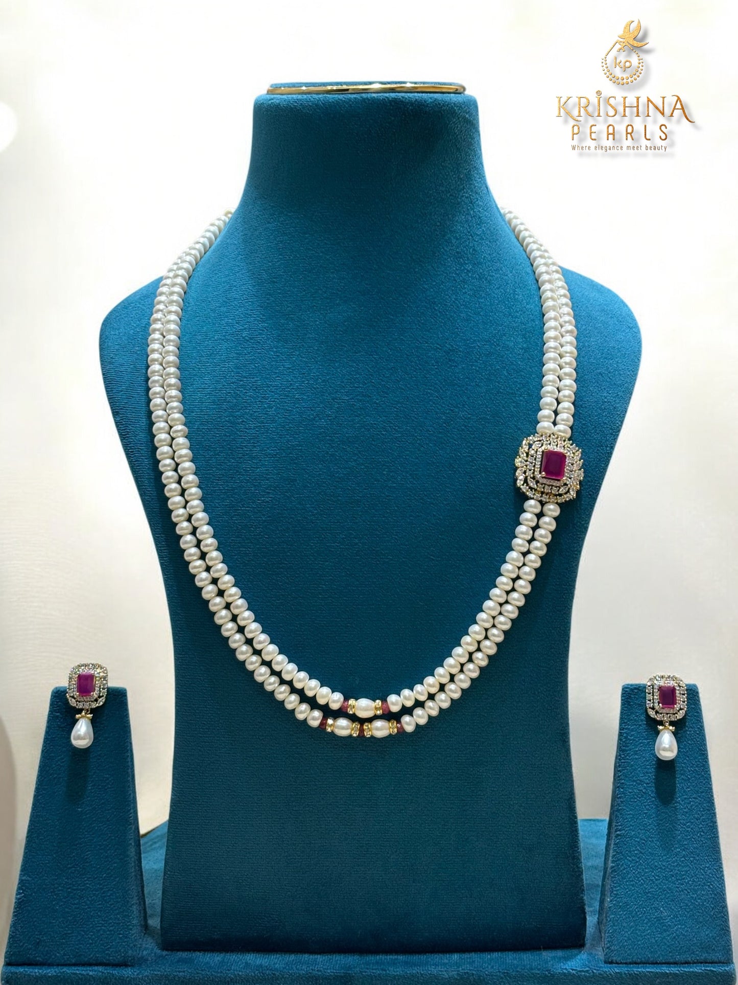 Best Pearls Jewellery - Double Layer Ruby Studded Broch Set