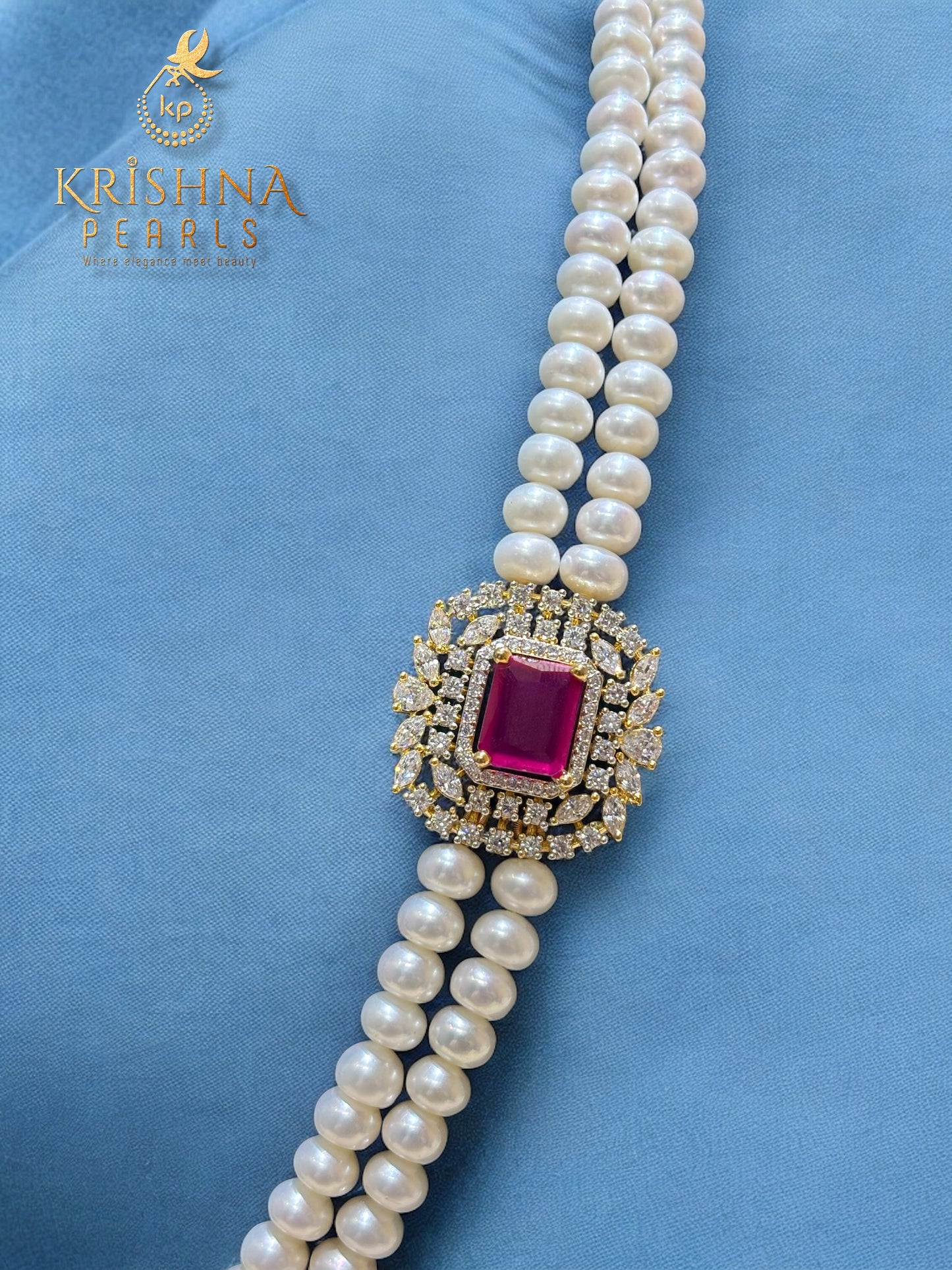 Best Pearls Jewellery - Double Layer Ruby Studded Broch Set