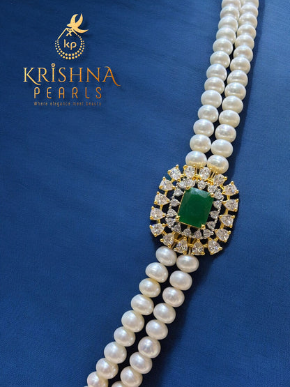 Graceful Greenstone Pearls Twin Line Broch Set