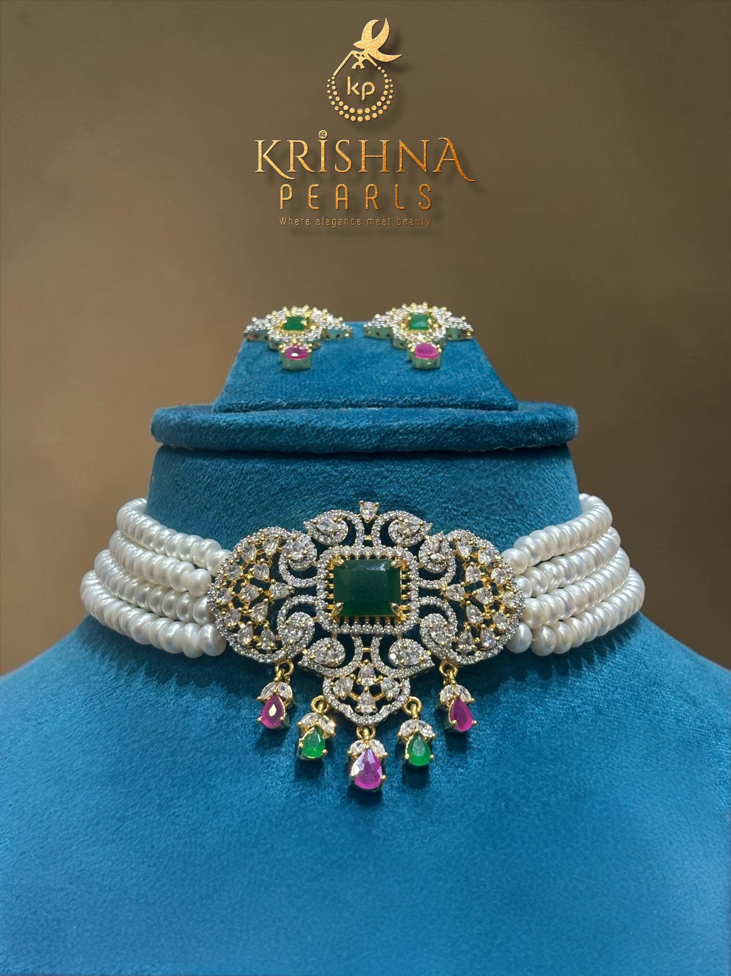 Beautiful Designer Pearl, Ruby & Emerald Choker Pendant Set