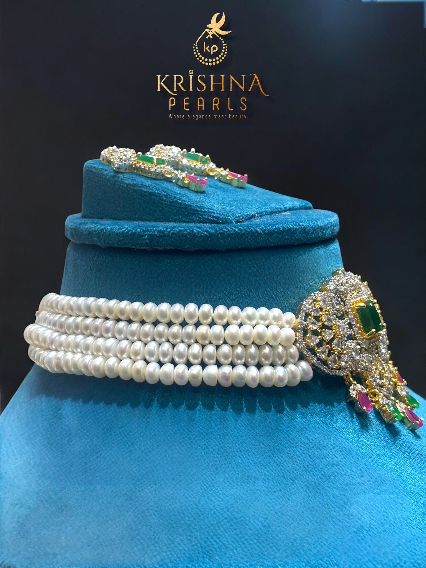 Beautiful Designer Pearl, Ruby & Emerald Choker Pendant Set