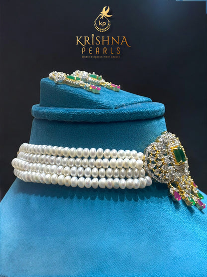 Beautiful Designer Pearl, Ruby & Emerald Choker Pendant Set